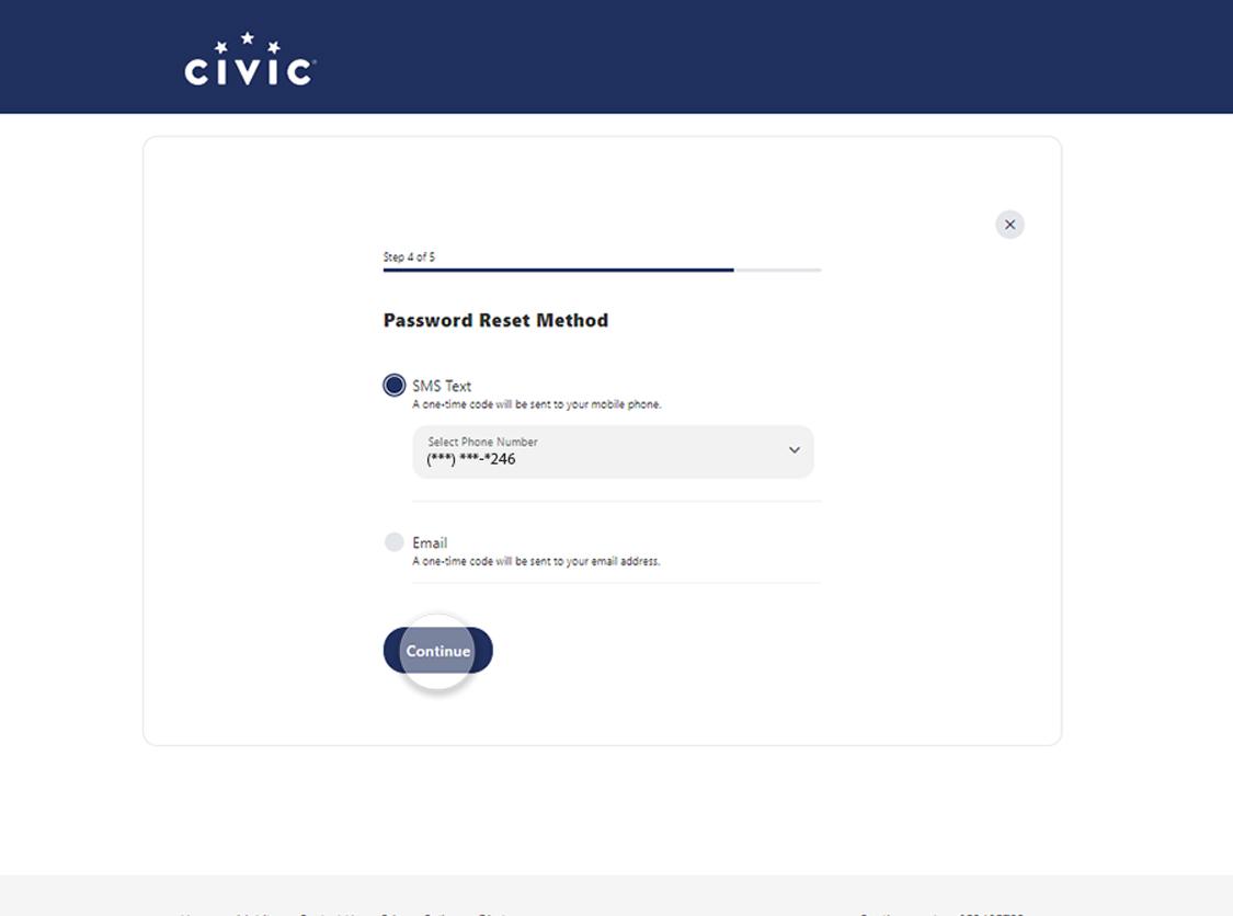 Screen showing the perffered method to rest your password, text or email.