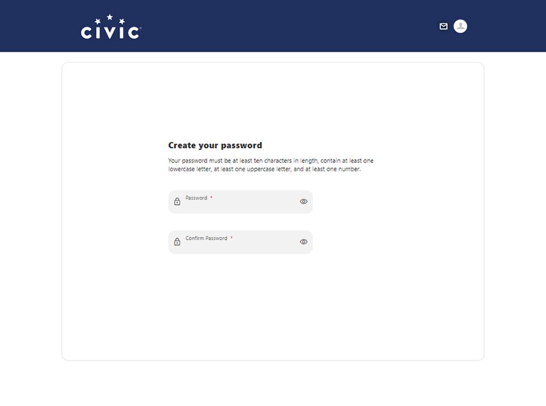 Screen showing the password reset instruction and input fields to reset.