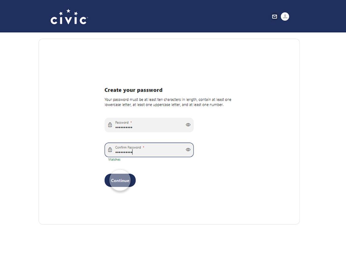 Screen showing passwords entered match and meet criteria, and continue to confirm changes.