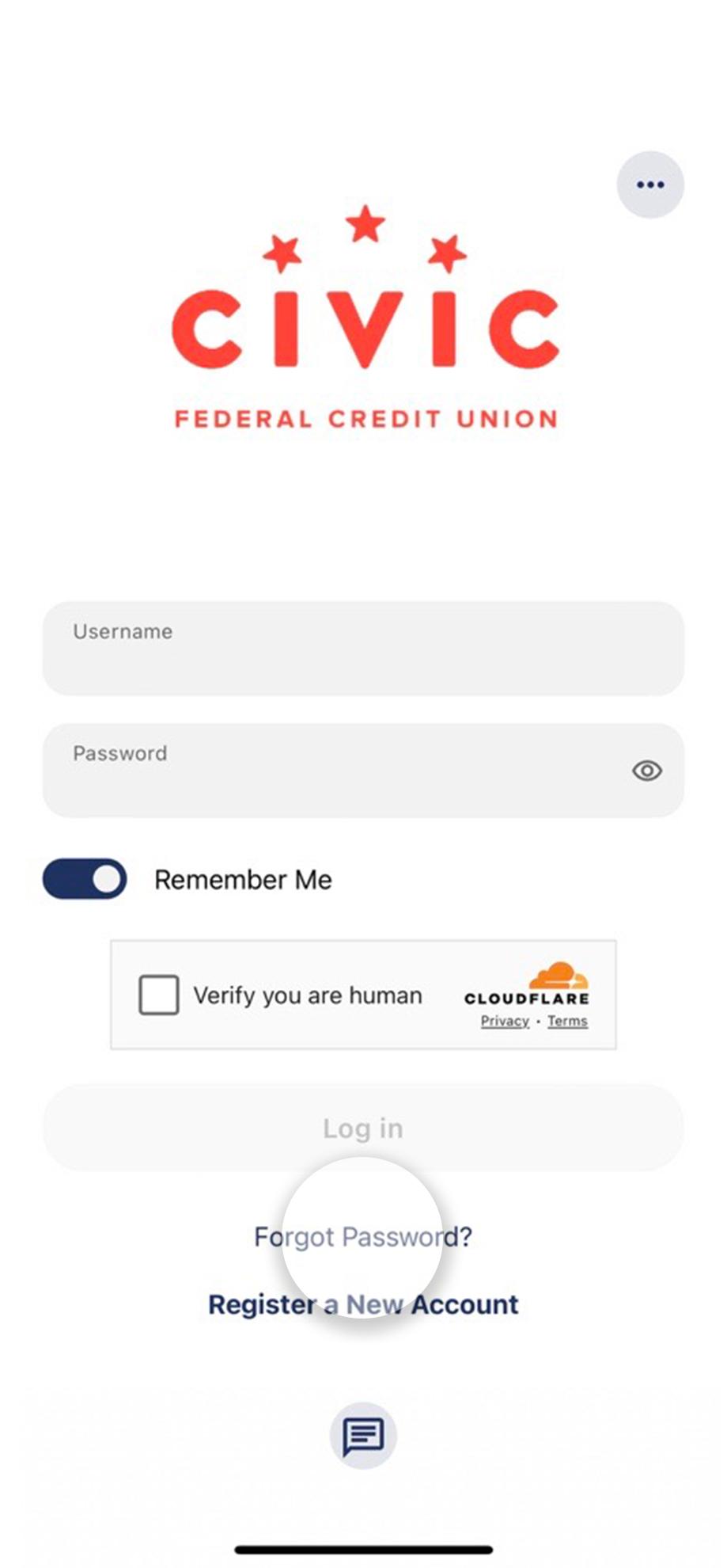 Civic mobile app login screen highlighting forgot password