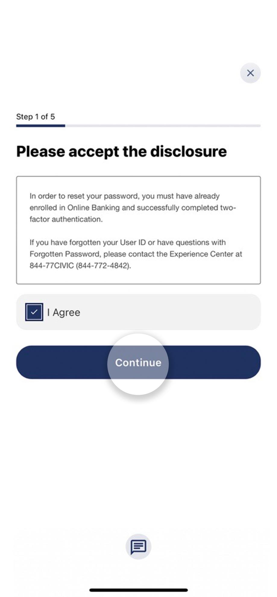 Civic mobile app screen showing disclosures for resetting password.