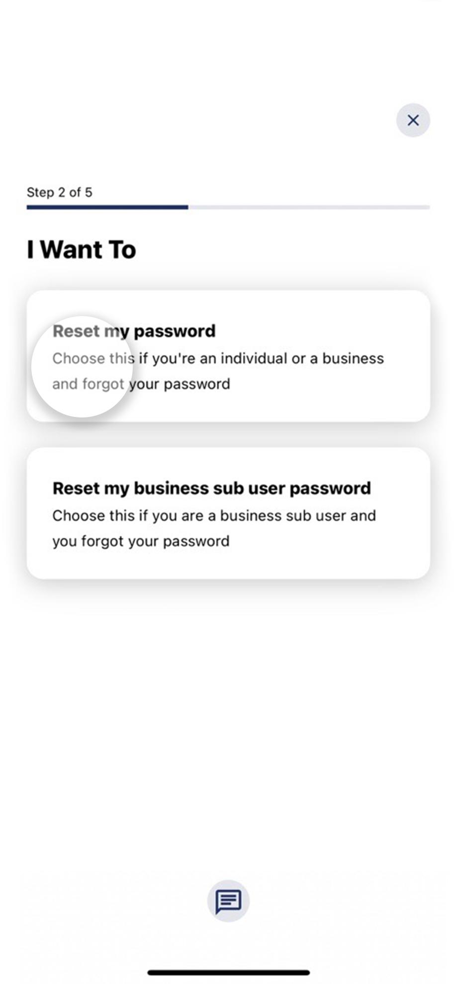 Civic mobile app screen highlighting reset password options.