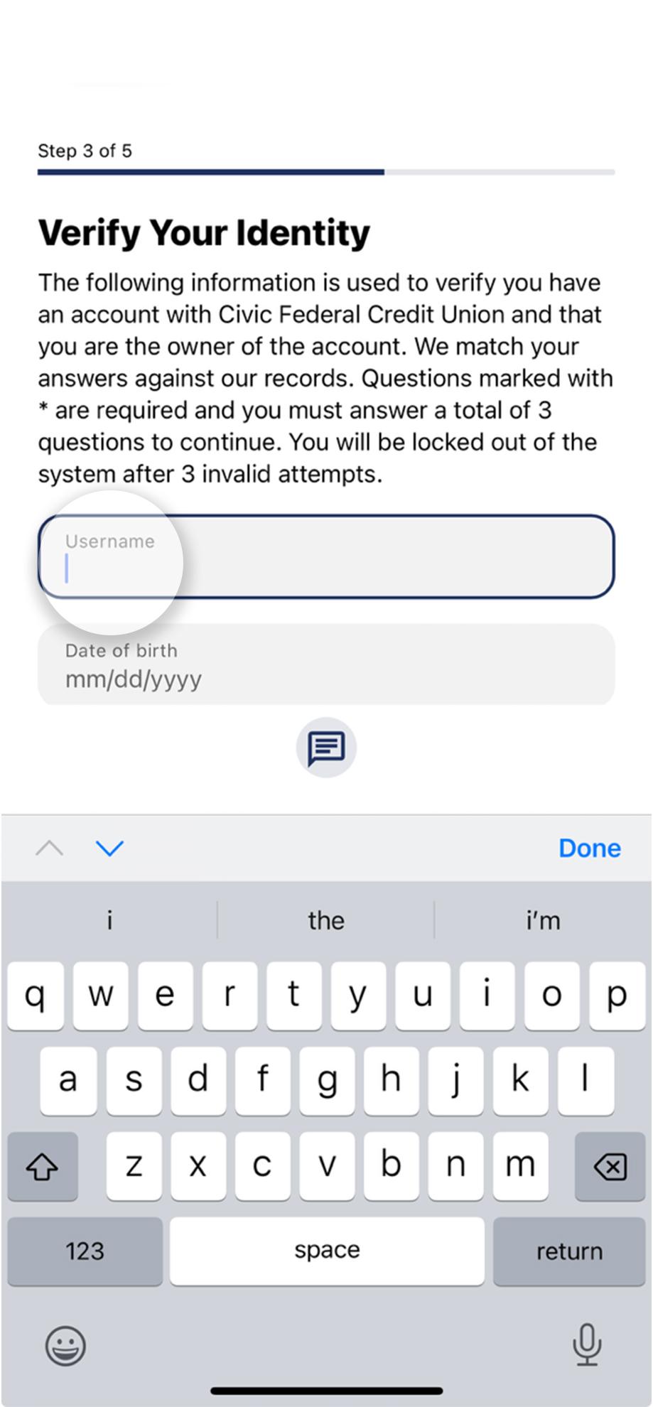 Civic mobile app screen highlighting username input.