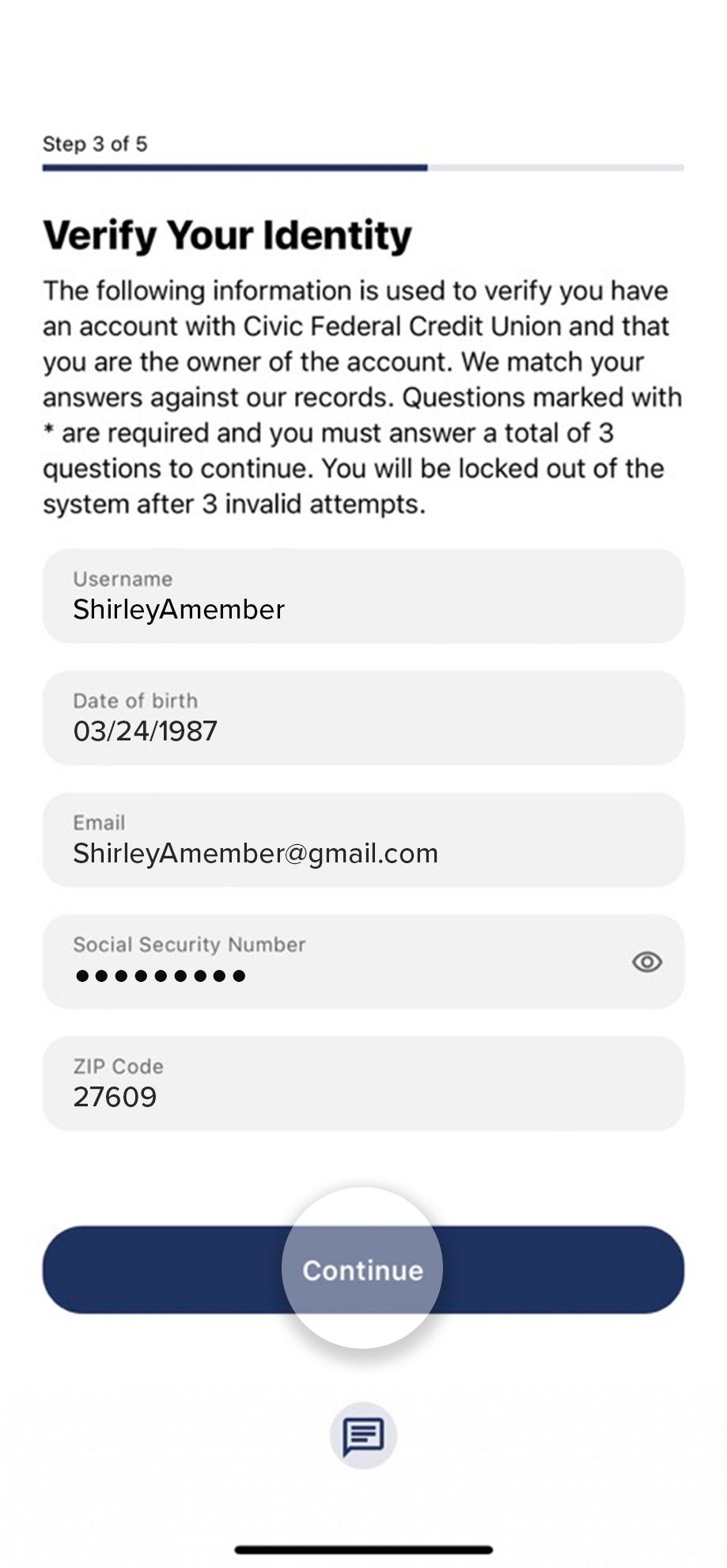 Civic mobile app screen highlighting input fields filled in.