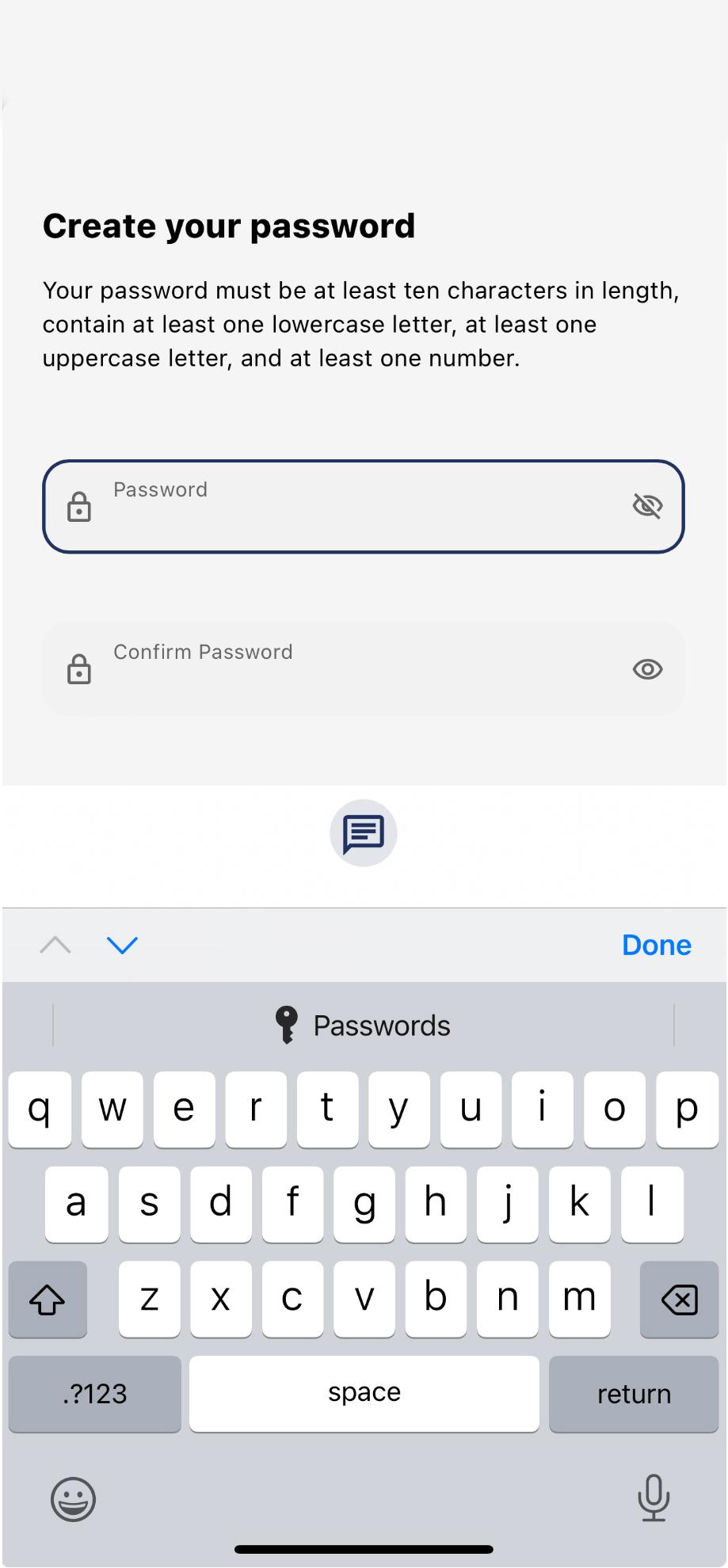 Civic mobile app screen showing the instructions for inputing a strong password.
