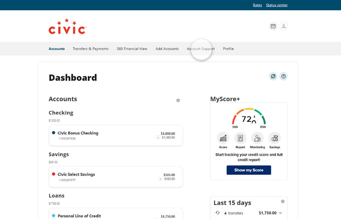 Civic online banking highlighting account support.