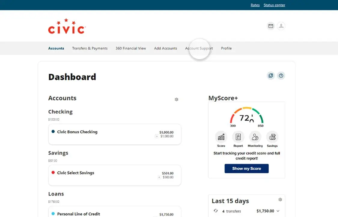 Civic online banking highlighting account support.