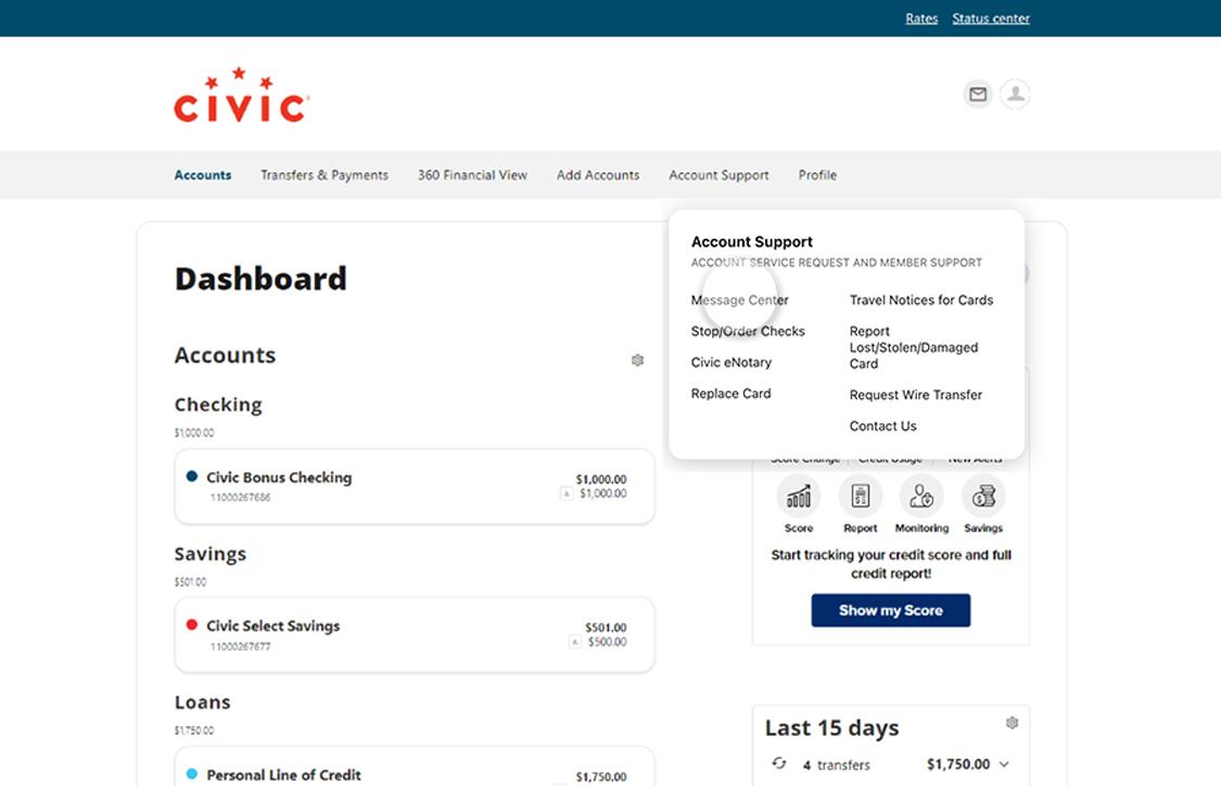 Civic online banking hovering over account services and highlighting message center.