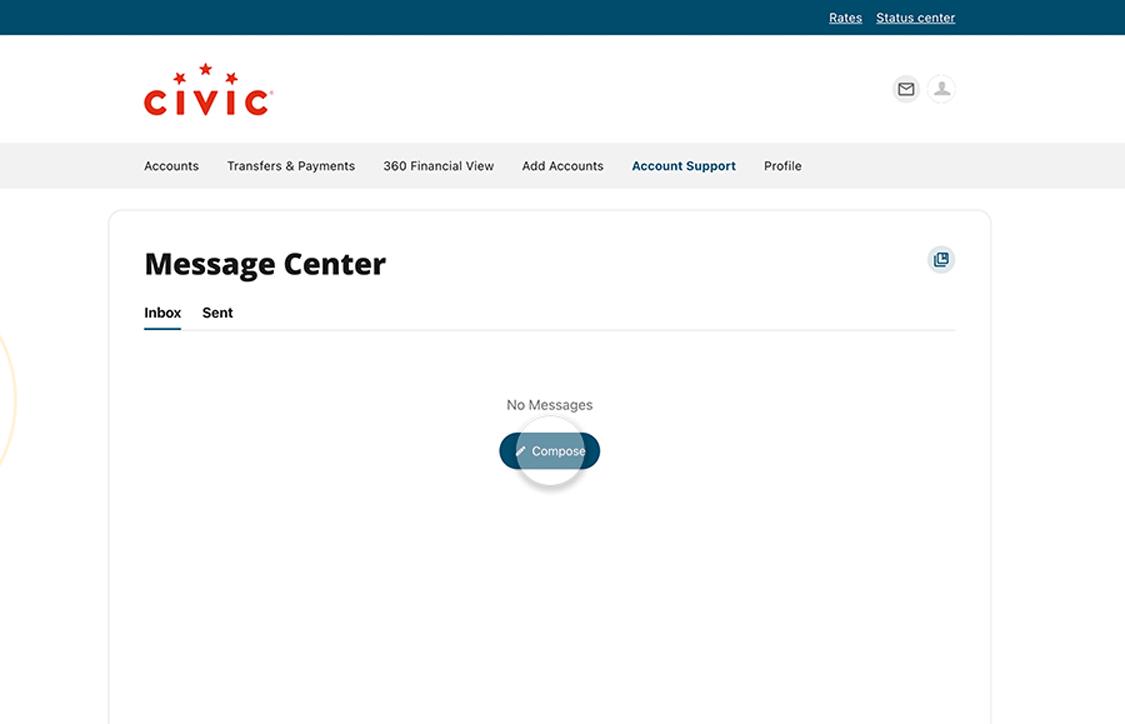 Civic online banking message center highlighting compose message.