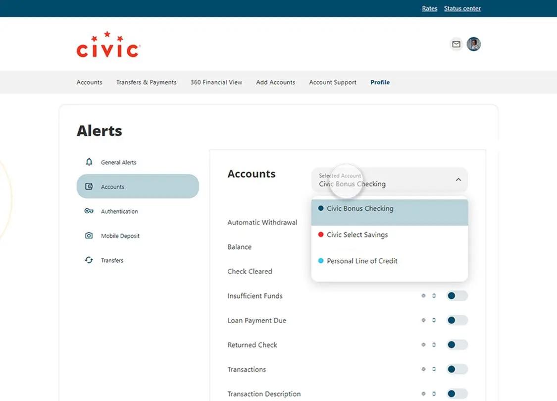 Civic online banking screen that highlights the selection of an account.