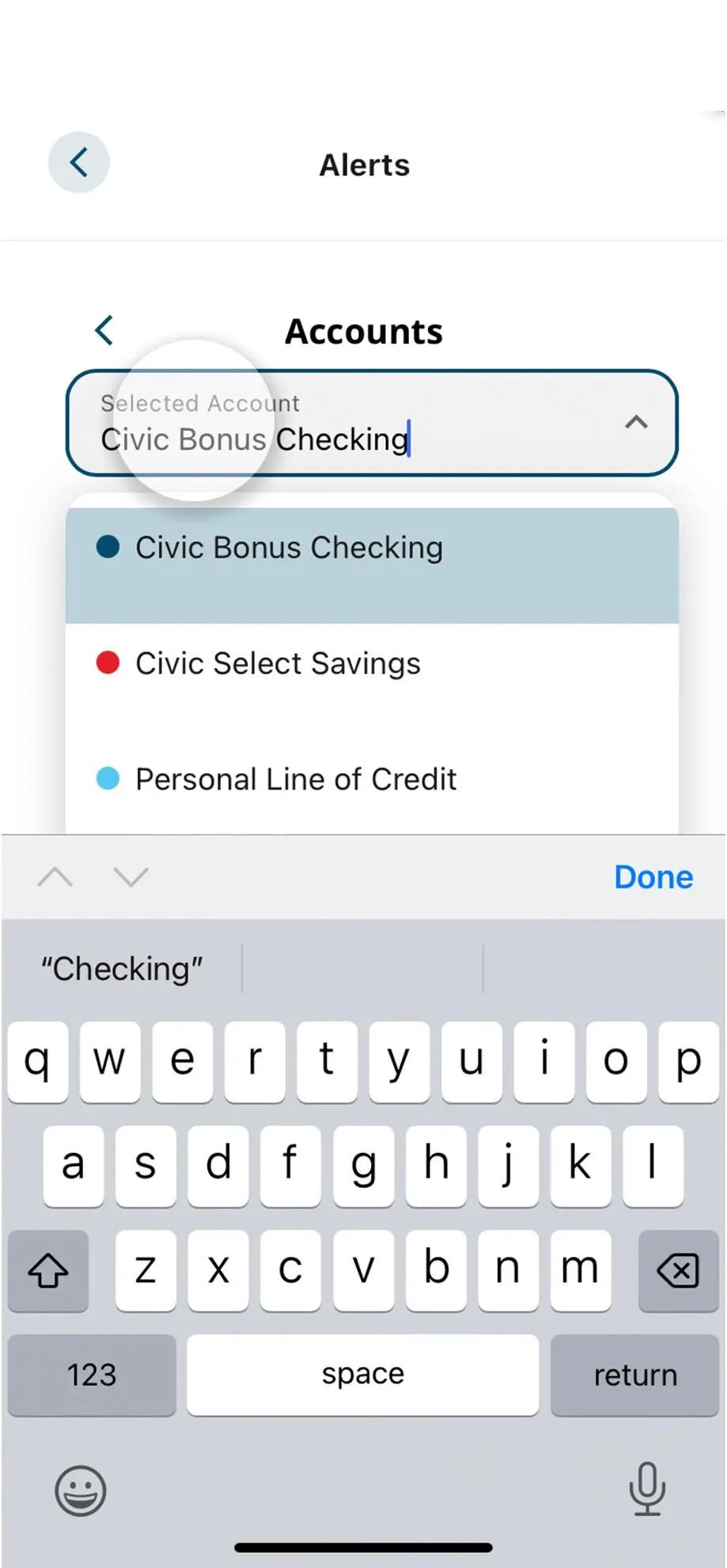 Civic app screen that highlights the selection of an account.