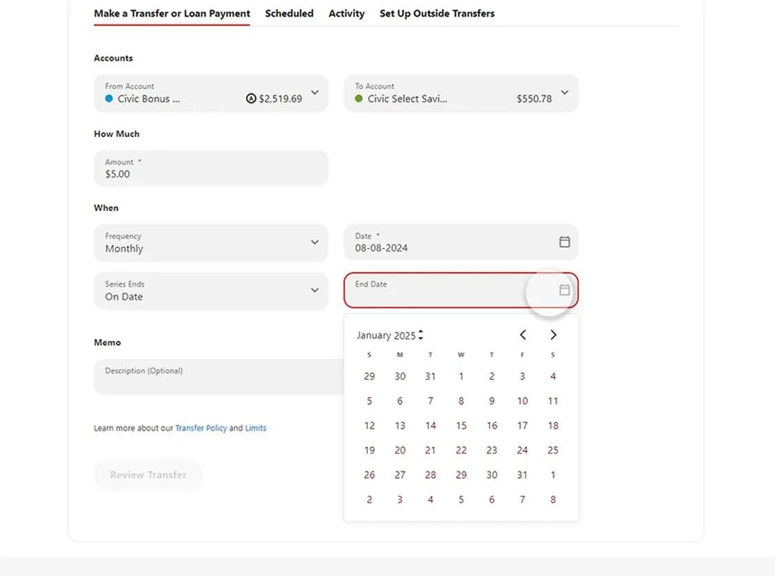 Civic online banking screen that highlights the selection of an end date.