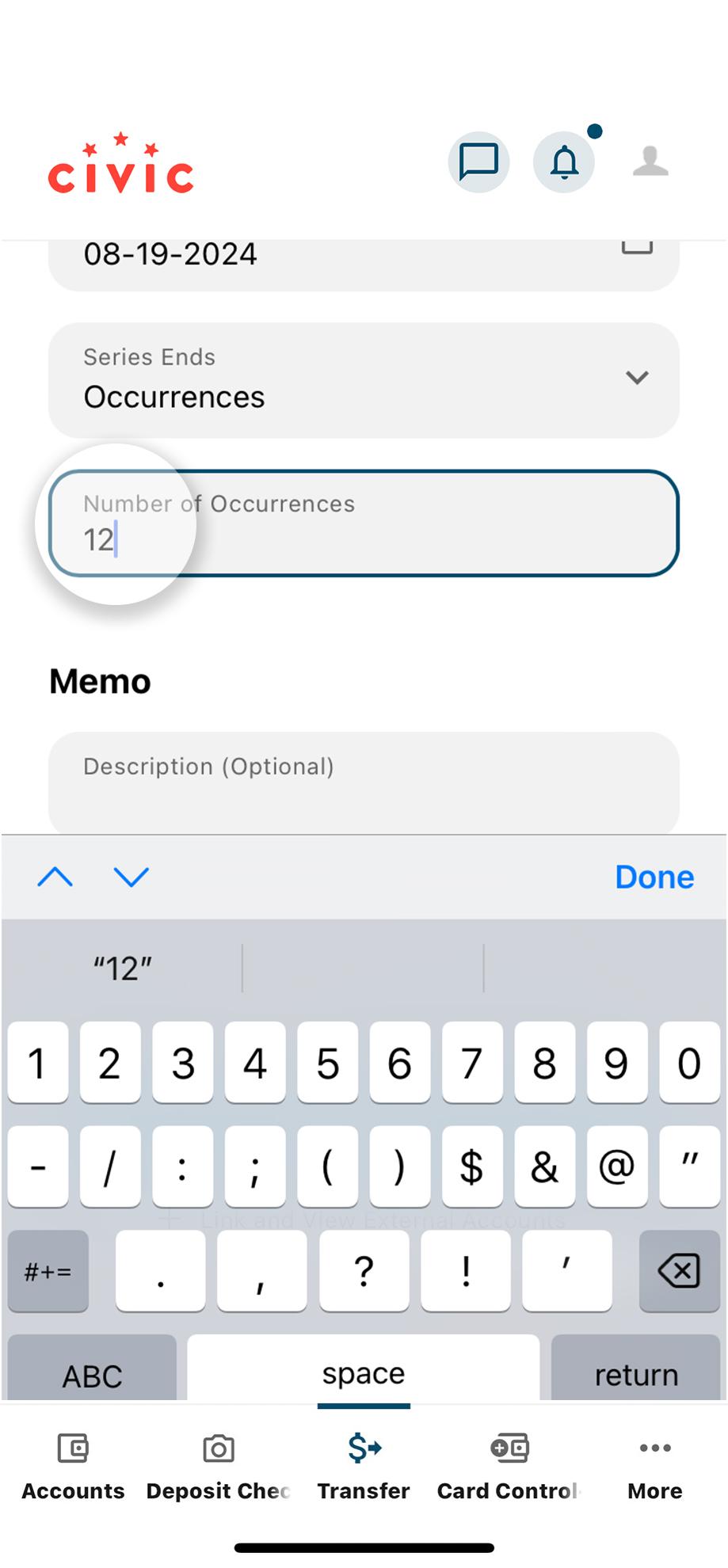 Civic app screen that shows the field to input number of occurrences.