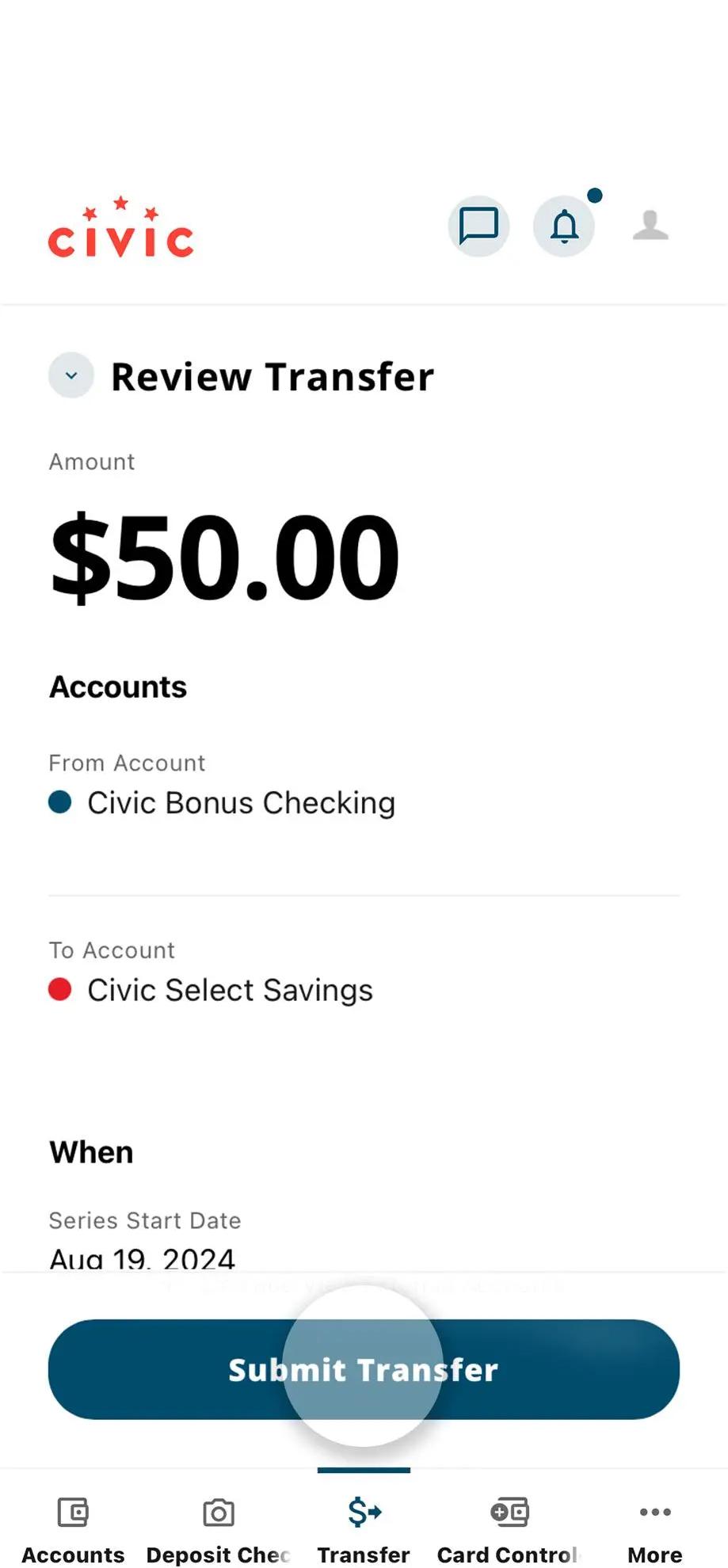 Civic app screen that highlights the selection of submit transfer.