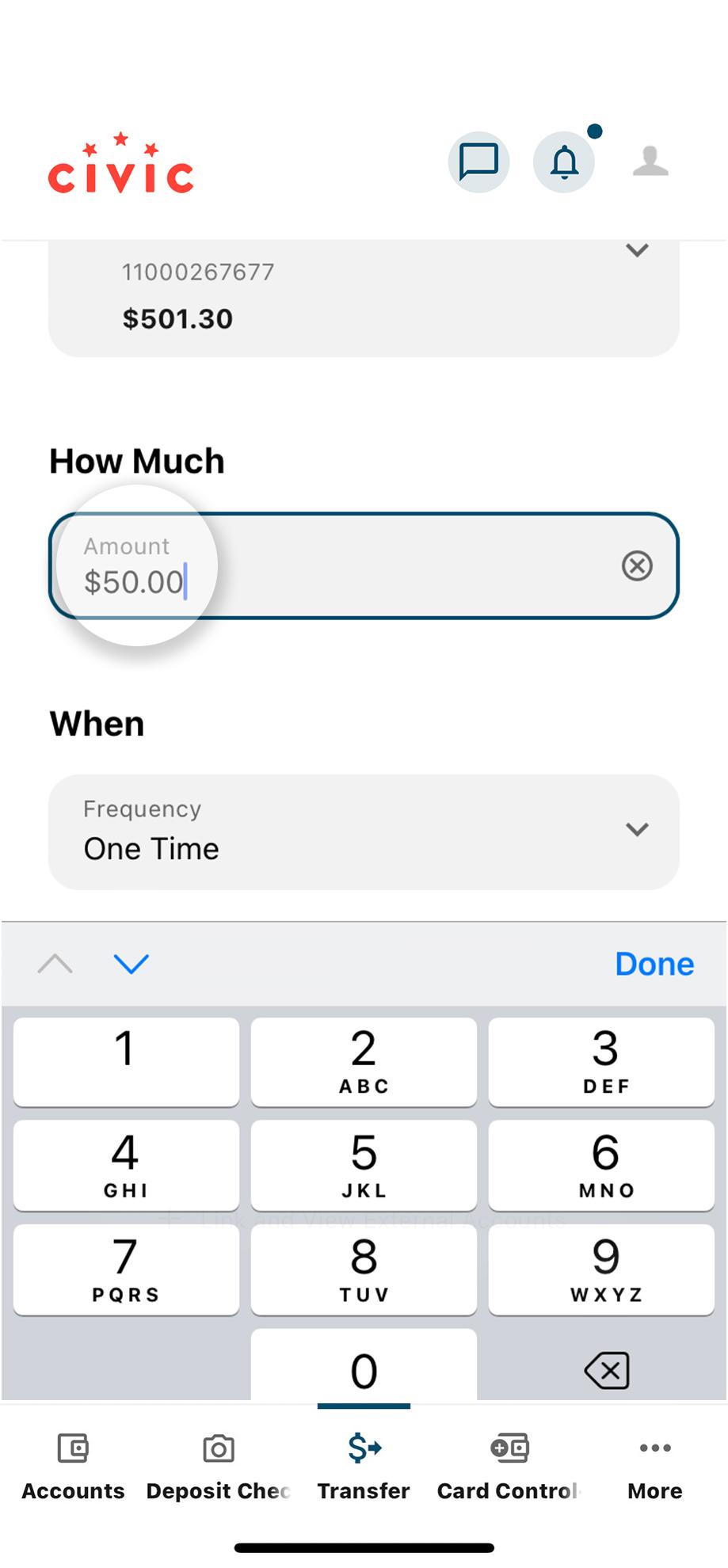 Civic app screen that shows the amount field.