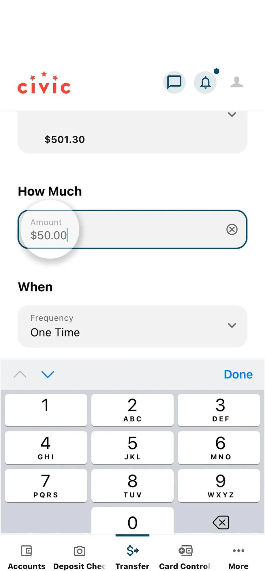 Civic app screen that shows the amount field.