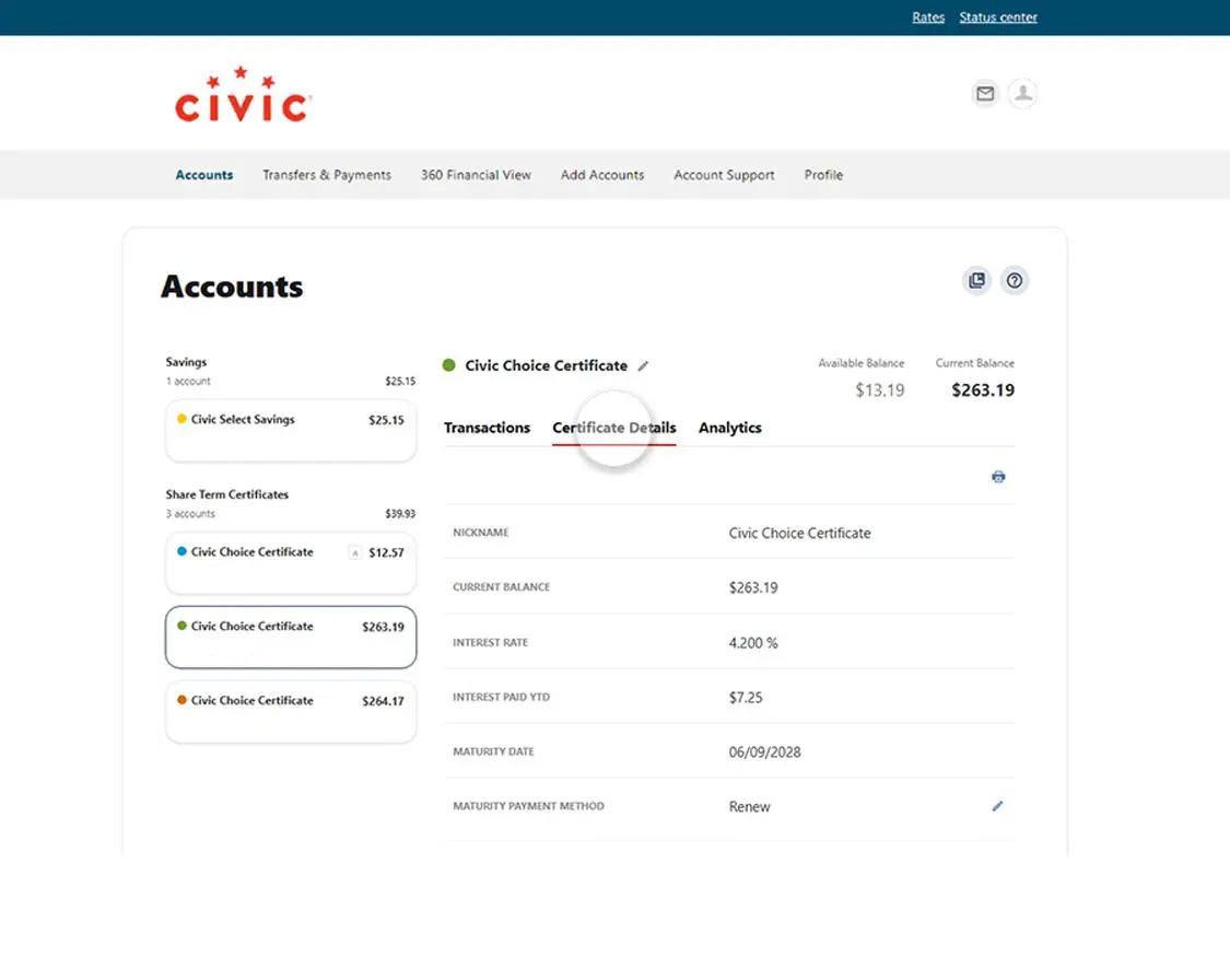 Civic online banking choice certificate account selected, with choice certificate details highlighted.