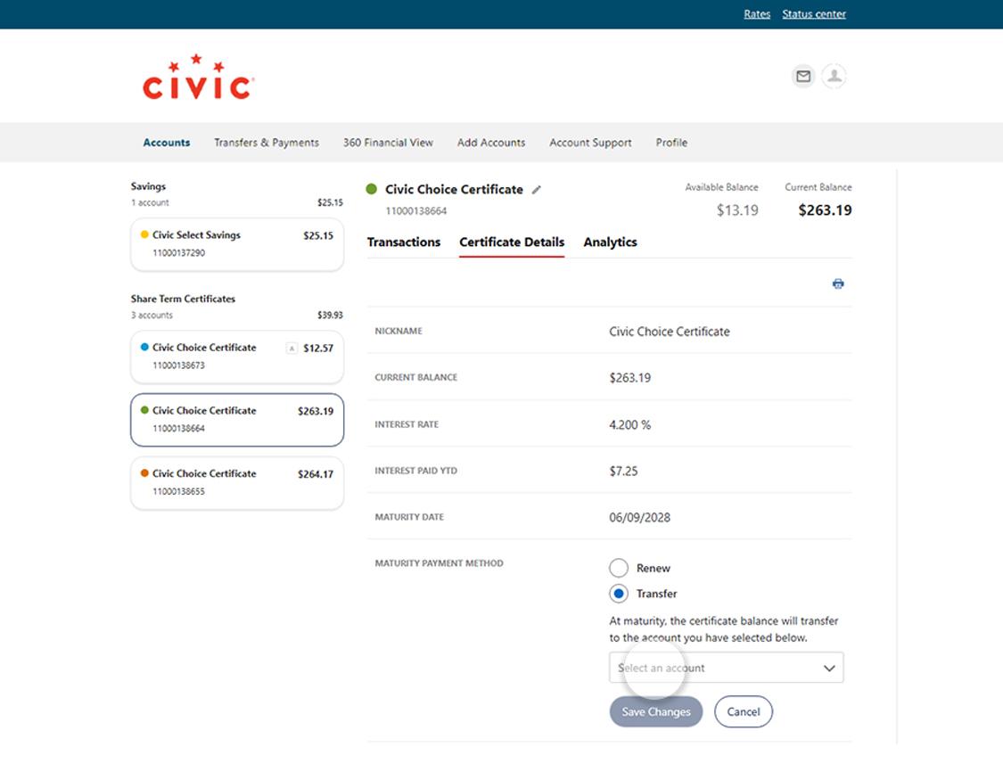 Civic online banking choice certificate details, with transfer or renew radio selected and dropdown for account to transfer to highlighted.