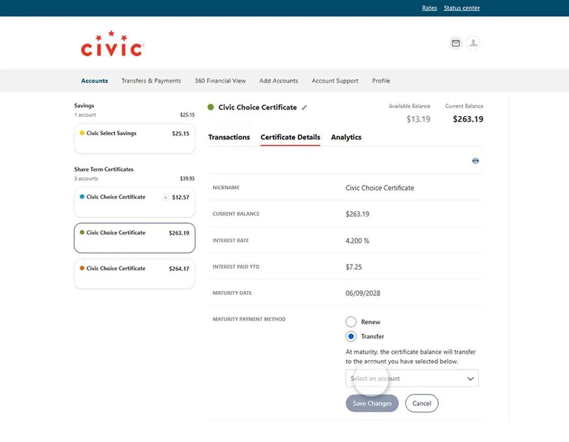 Civic online banking choice certificate details, with transfer or renew radio selected and dropdown for account to transfer to highlighted.
