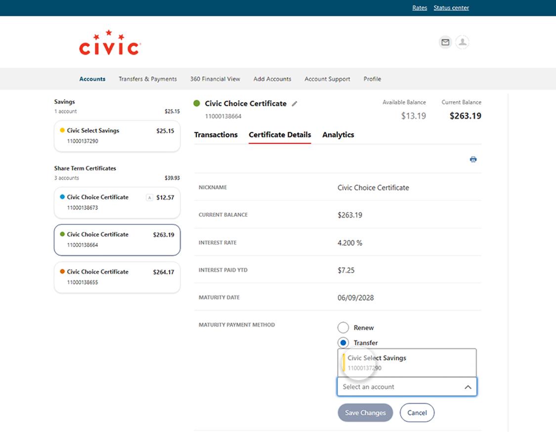 Civic online banking choice certificate details, with tranfer option selected and account selection highlighted.