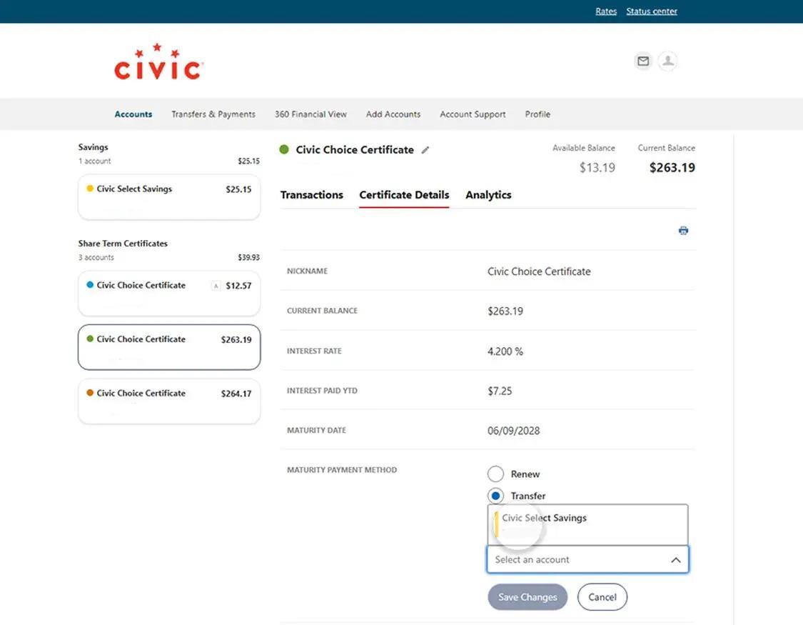 Civic online banking choice certificate details, with transfer option selected and account selection highlighted.