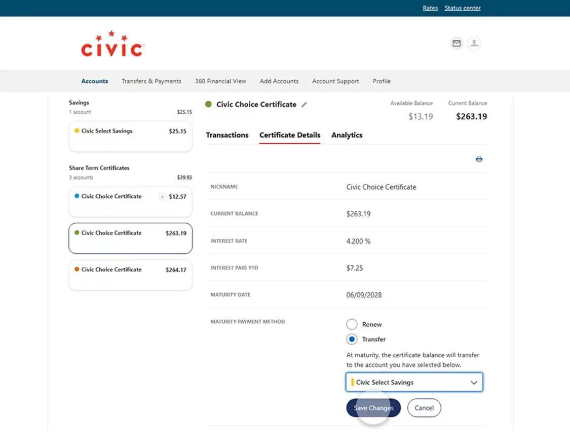 Civic online banking choice certificate details, with edits made to the maturity options and save changes button highlighted.