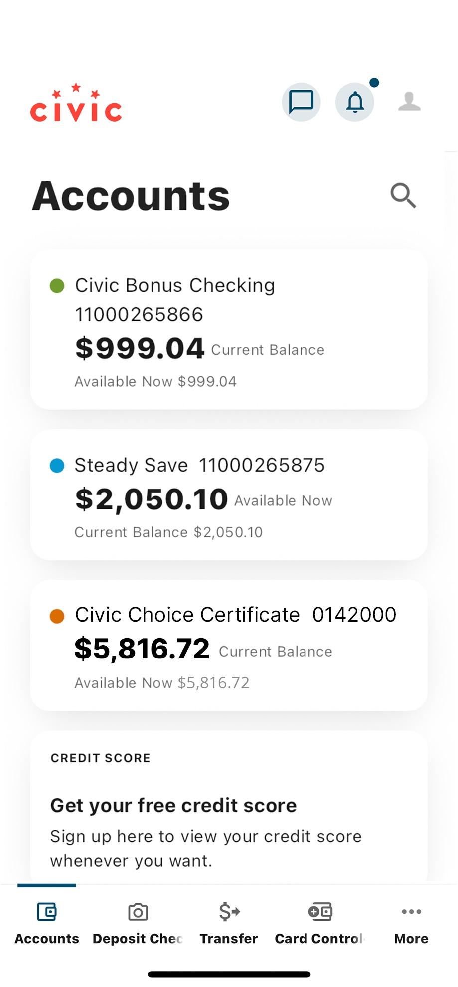 Civic mobile banking accounts dashboard.