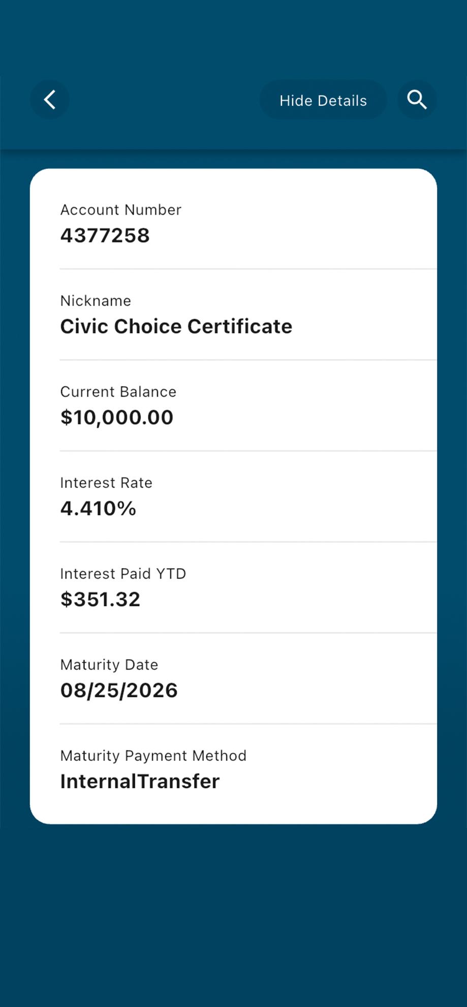 Civic mobile banking choice certificate confirmation screen after making edits.