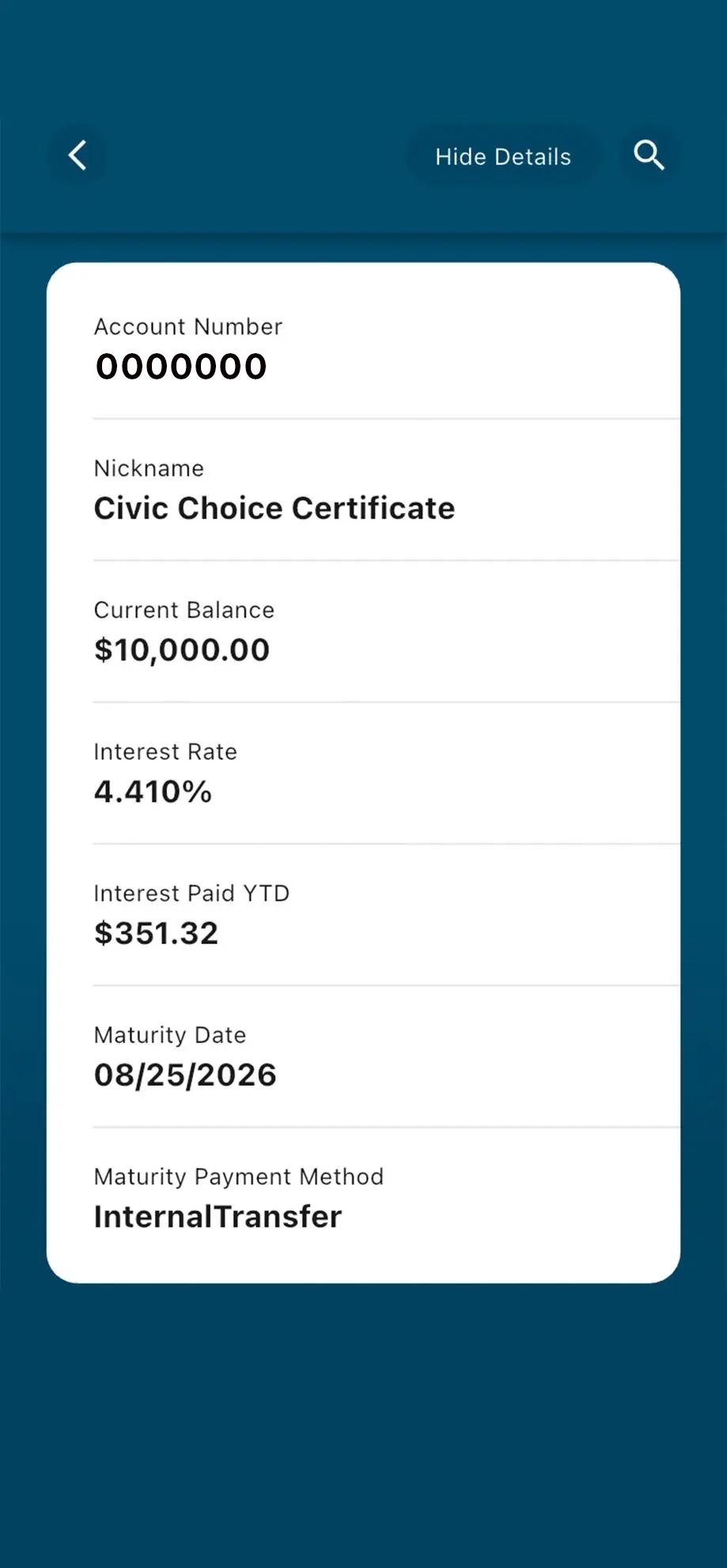 Civic mobile banking choice certificate confirmation screen after making edits. 