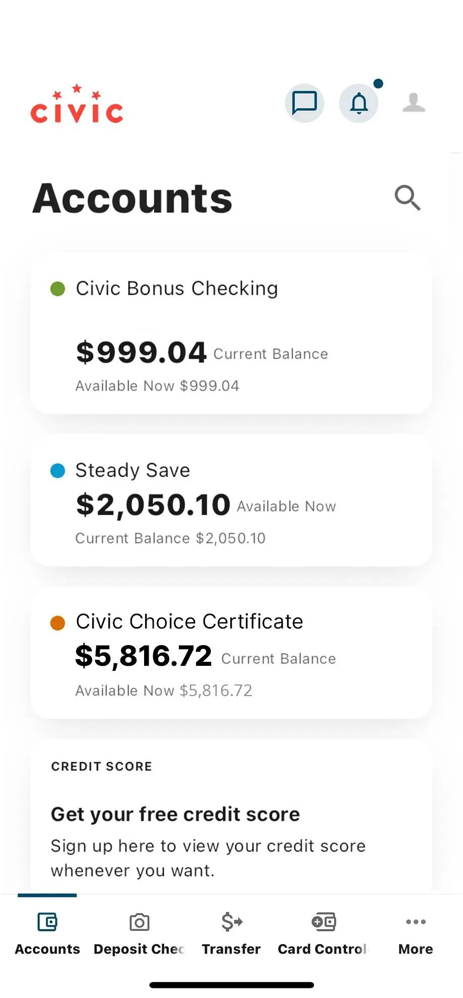 Civic mobile banking accounts dashboard.