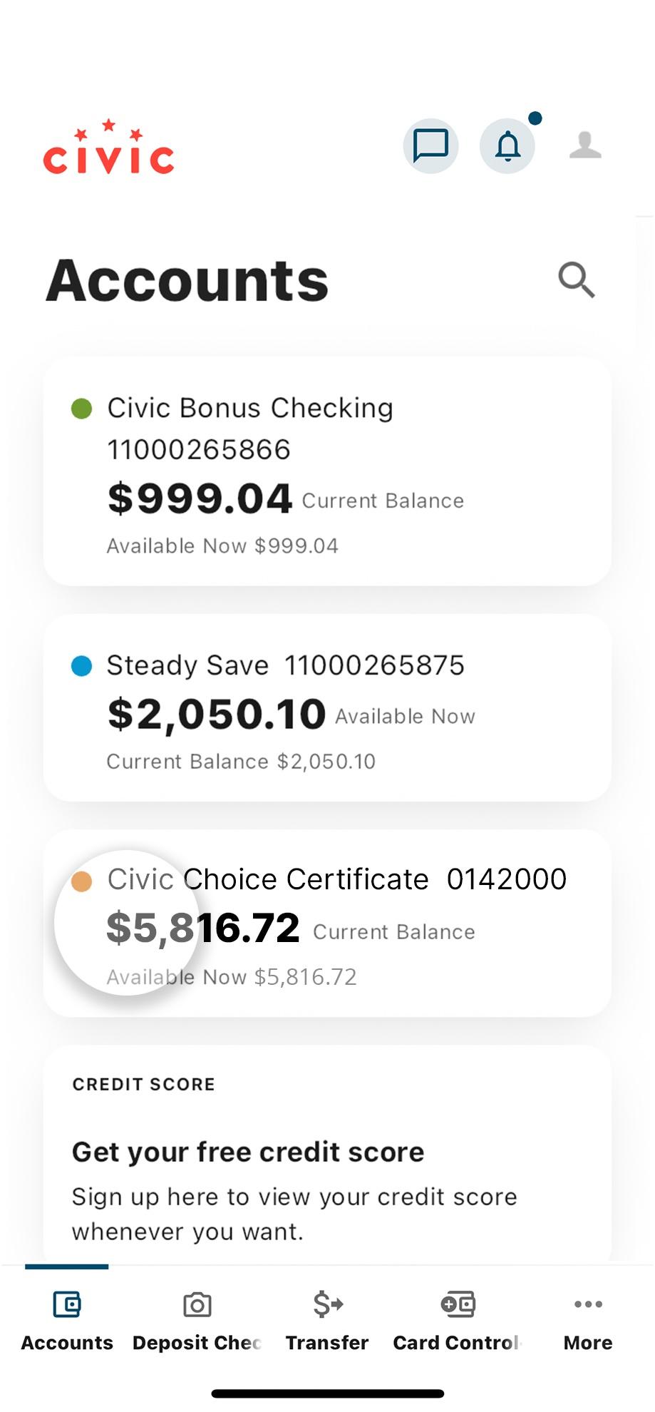 Civic mobile banking accounts dashboard, highlighting Choice Certificate account.