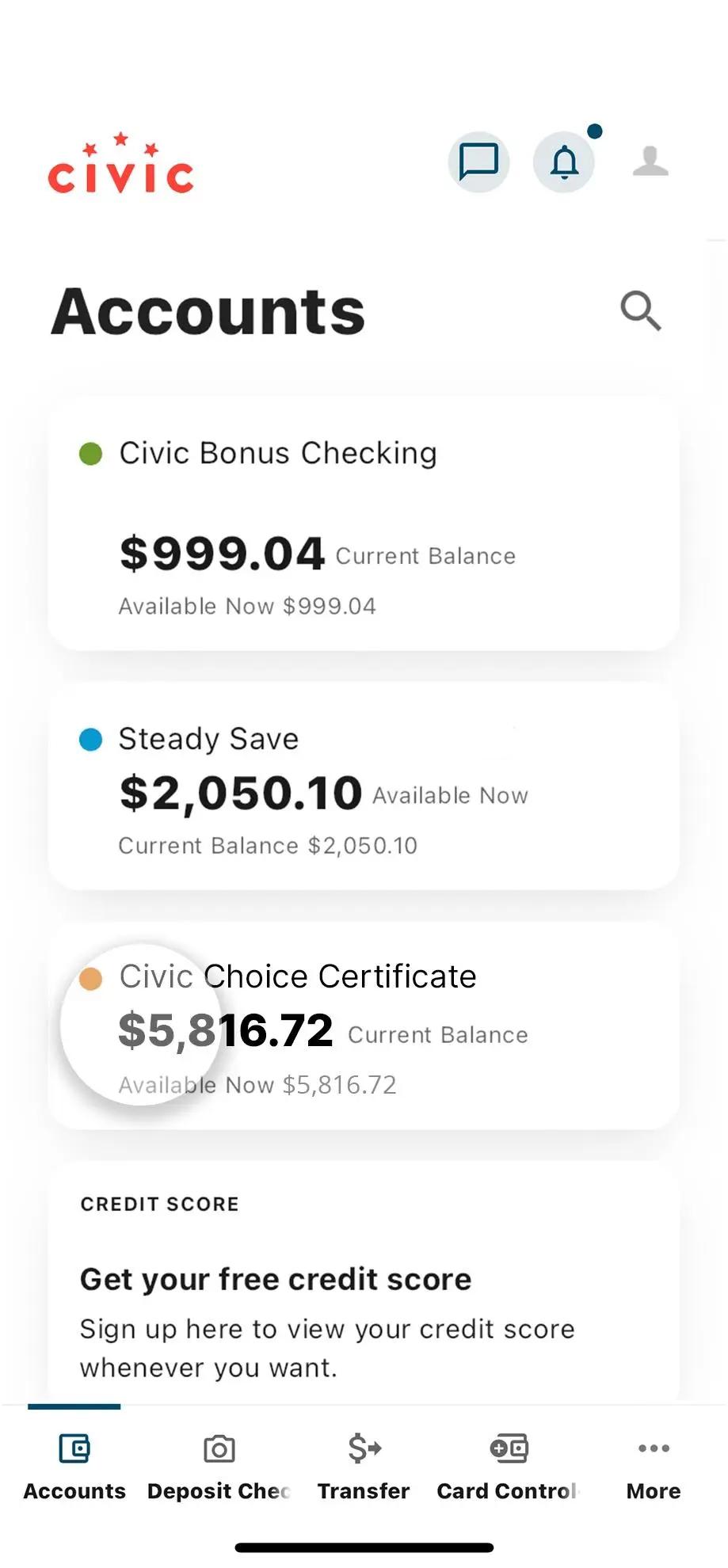 Civic mobile banking accounts dashboard, highlighting Choice Certificate account.