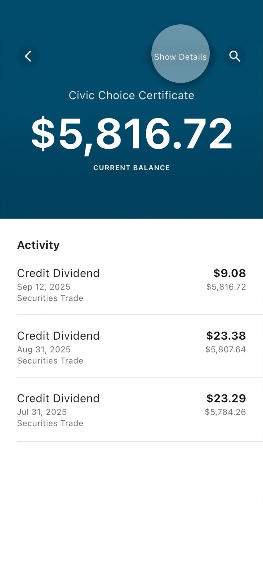 Civic mobile banking accounts details, highlighting show details button.