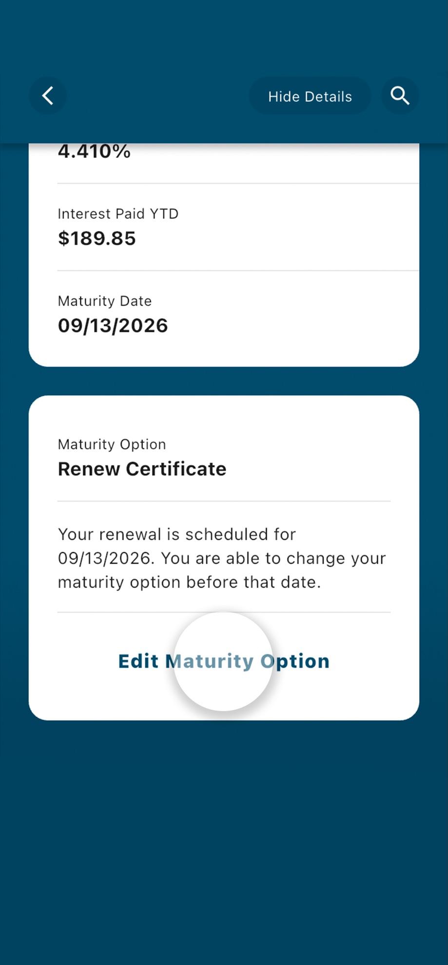Civic mobile banking account details, scrolled to the bottom highlighting edit maturity options.