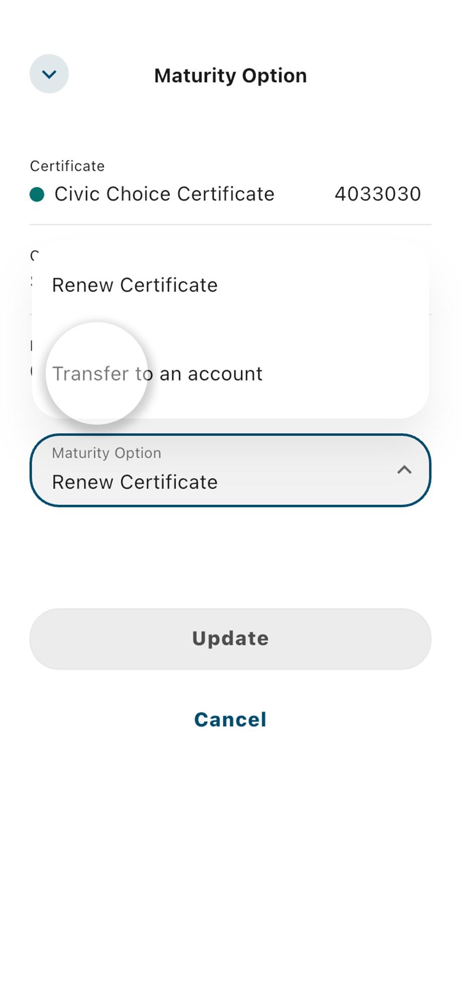 Civic mobile banking choice certificate details, highlighting maturity option dropdown.