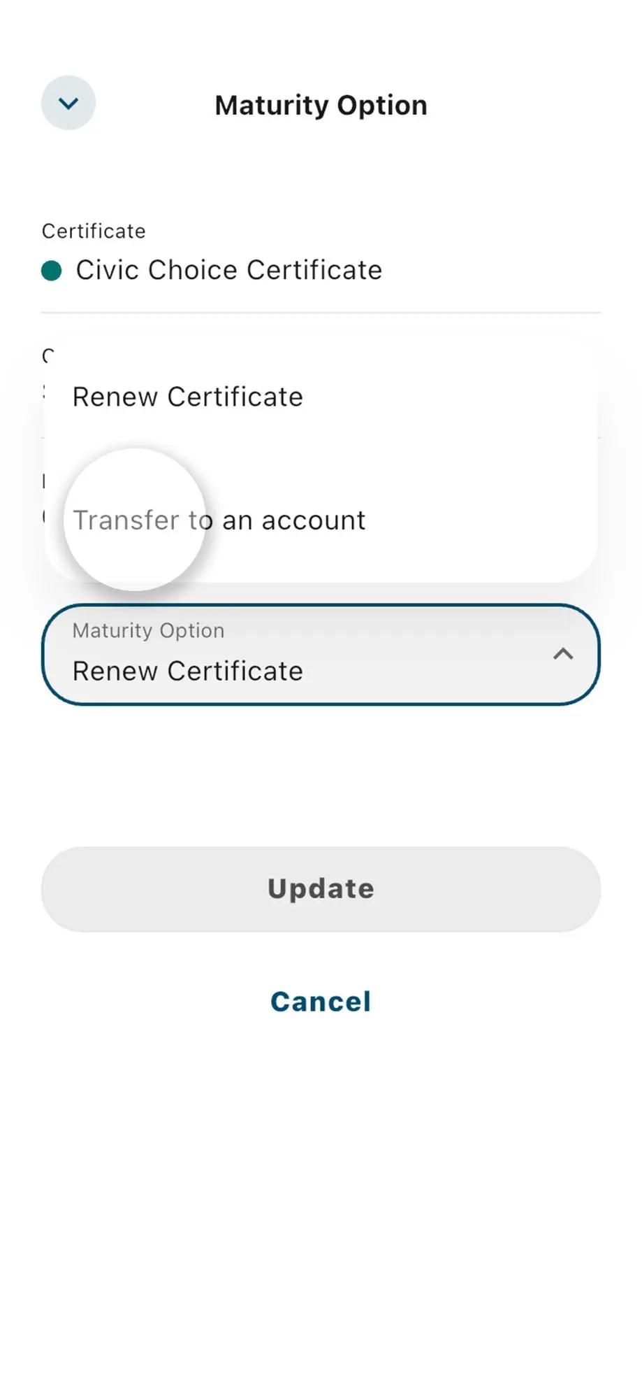 Civic mobile banking choice certificate details, highlighting maturity option dropdown.