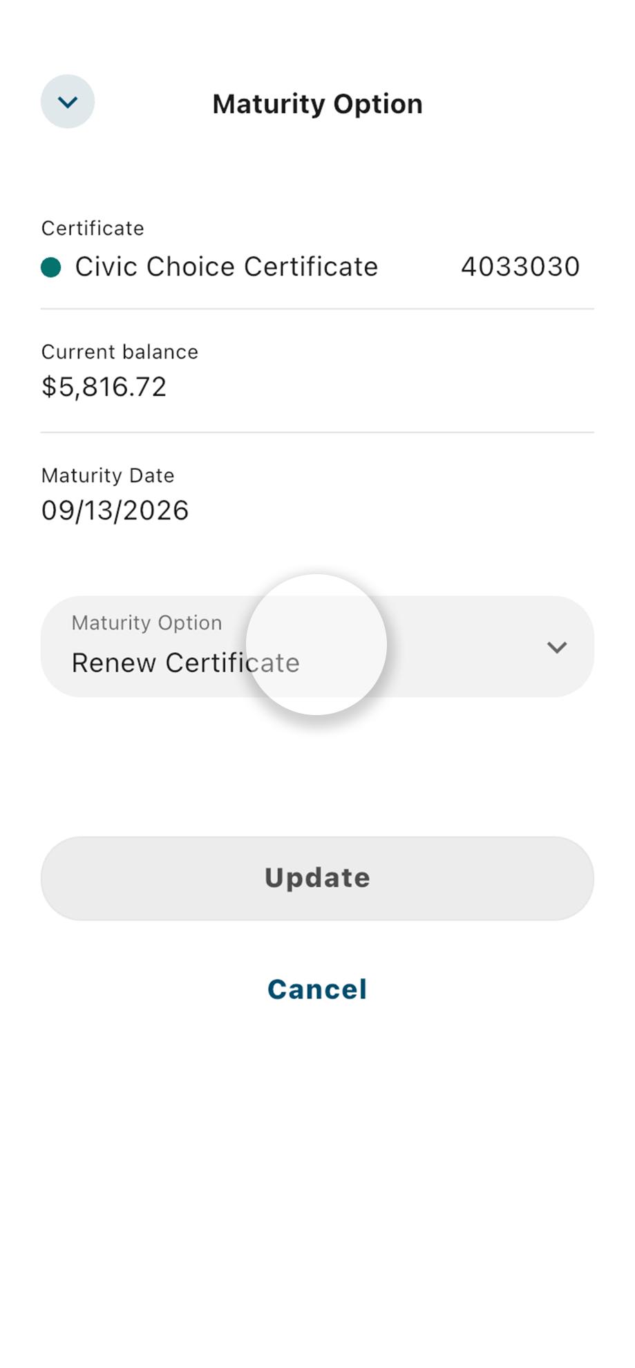 Civic mobile banking choice certificate details highlighting maturity options dropdown.