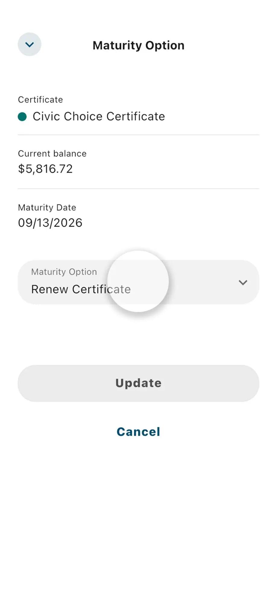 Civic mobile banking choice certificate details highlighting maturity options dropdown.
