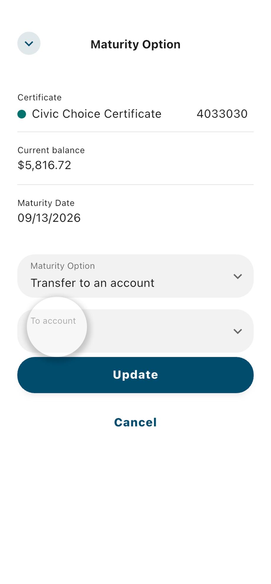 Civic mobile banking choice certificate details, with the account to transfer to highlighted.
