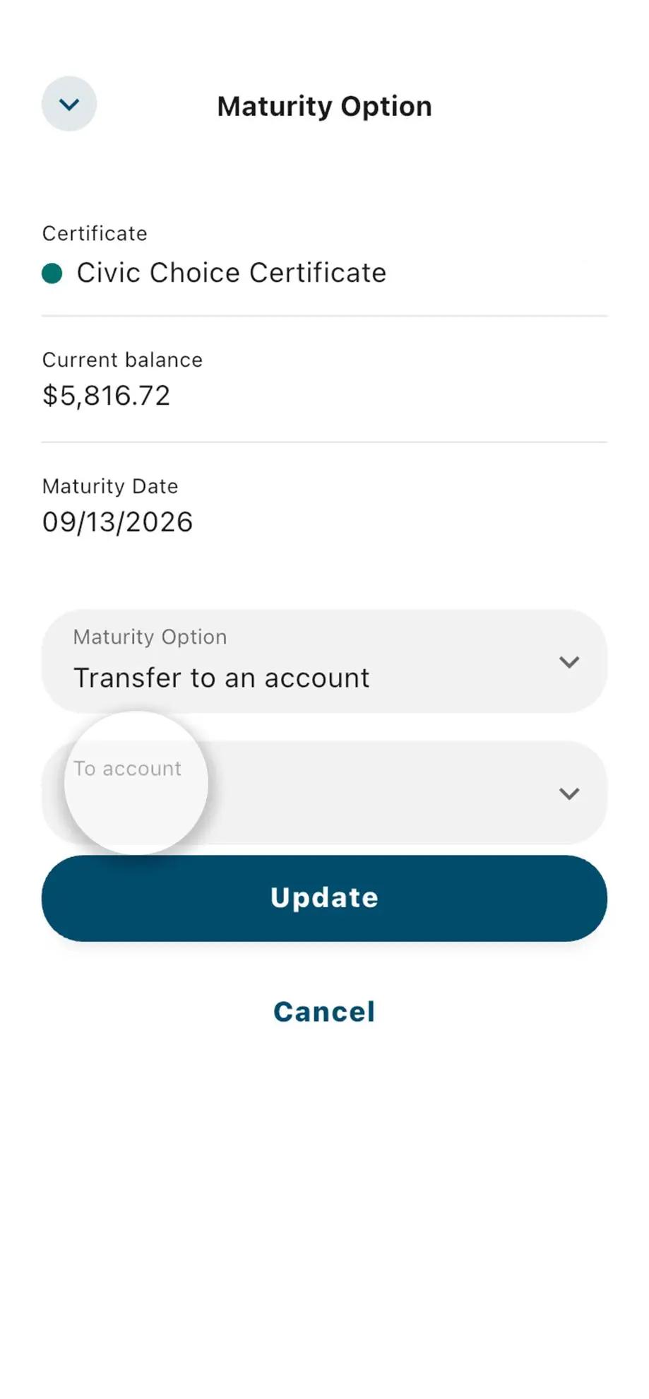 Civic mobile banking choice certificate details, with the account to transfer to highlighted.