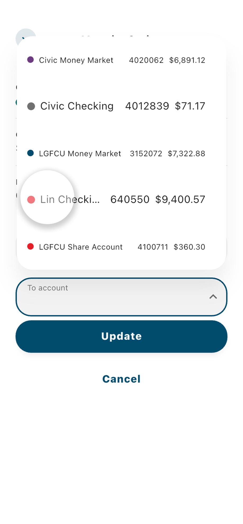 Civic mobile banking choice certificate transfer, with the account to transfer to highlighted.