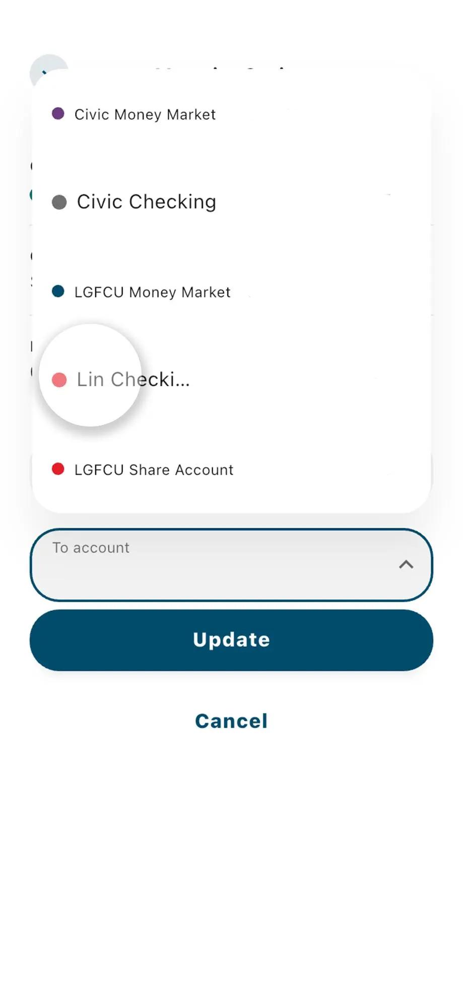 Civic mobile banking choice certificate transfer, with the account to transfer to highlighted.