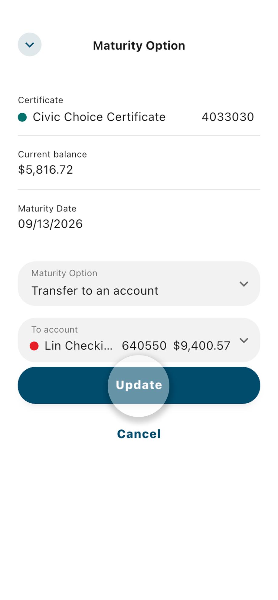 Civic mobile banking choice certificate details editing maturity options with transfer or renewal edits, update button highlighted.