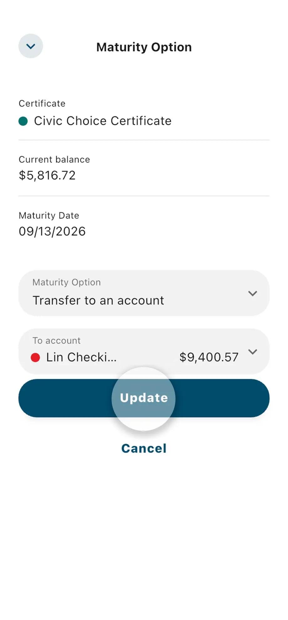 Civic mobile banking choice certificate details editing maturity options with transfer or renewal edits, update button highlighted.