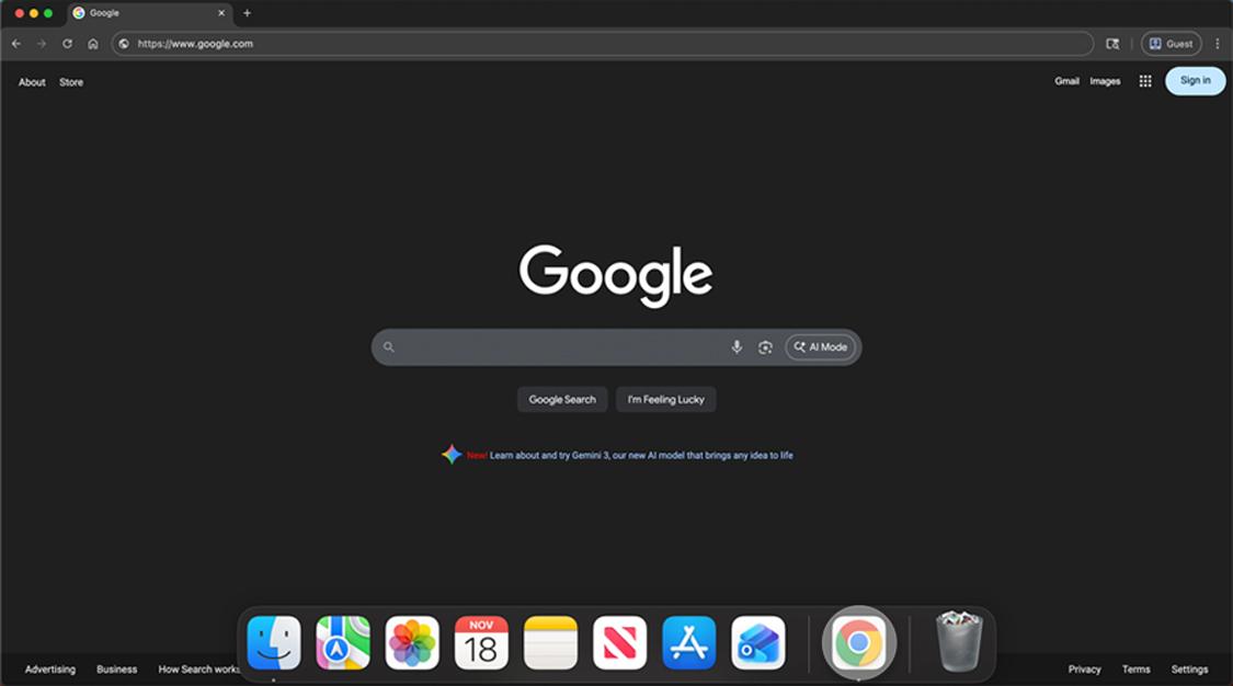 Google Chrome homepage, with Chrome highlighted in the dock.
