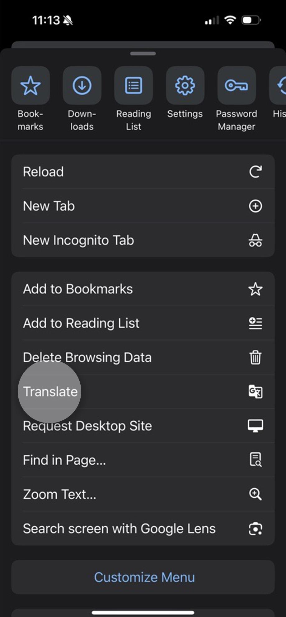 Settings panel opened with translate highlighted.