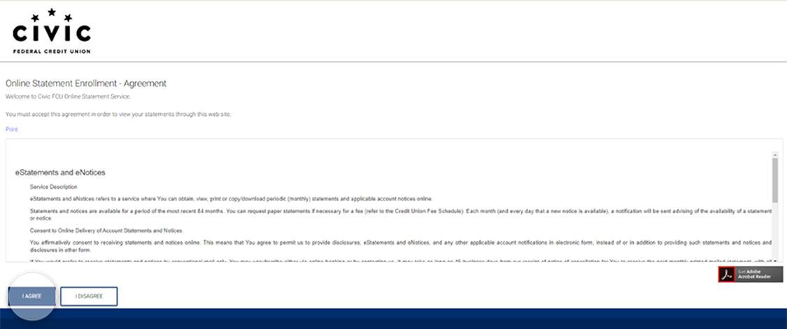 Civic online banking screen that highlights the selection of the agree button.
