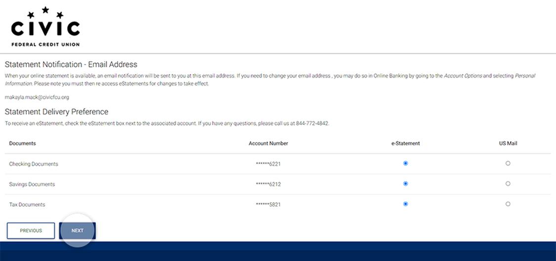Civic online banking screen that list accounts available for estatements.