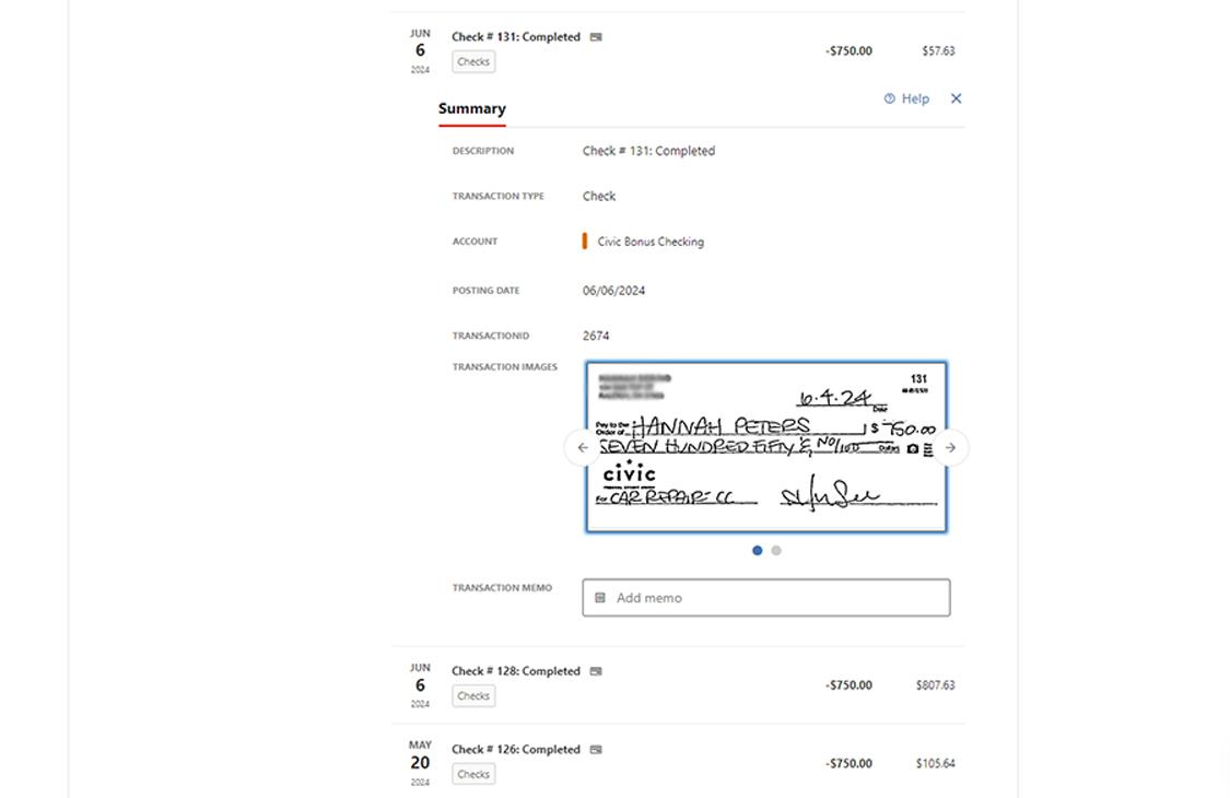 Civic online banking screen that shows the details of a deposited check.