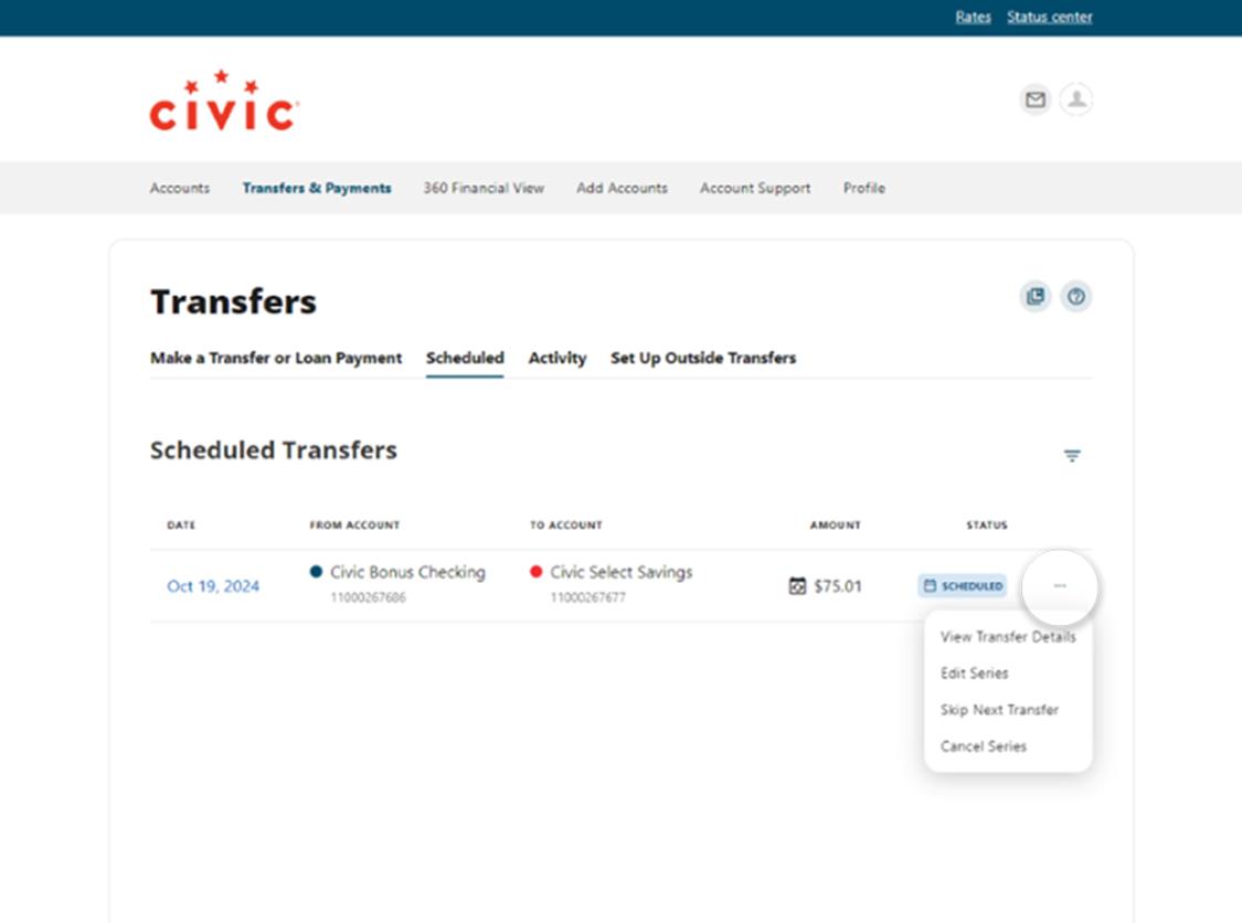 Civic online banking screen that highlights the selection of three dots.